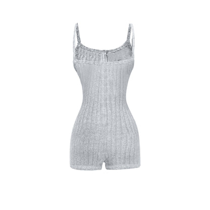 Gray ribbed romper with lace trim on a white background