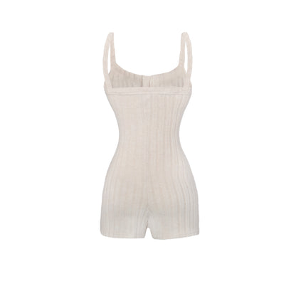 Beige ribbed romper on a white background
