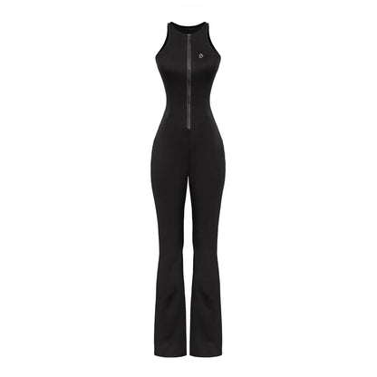 Black jumpsuit with a zipper on a white background