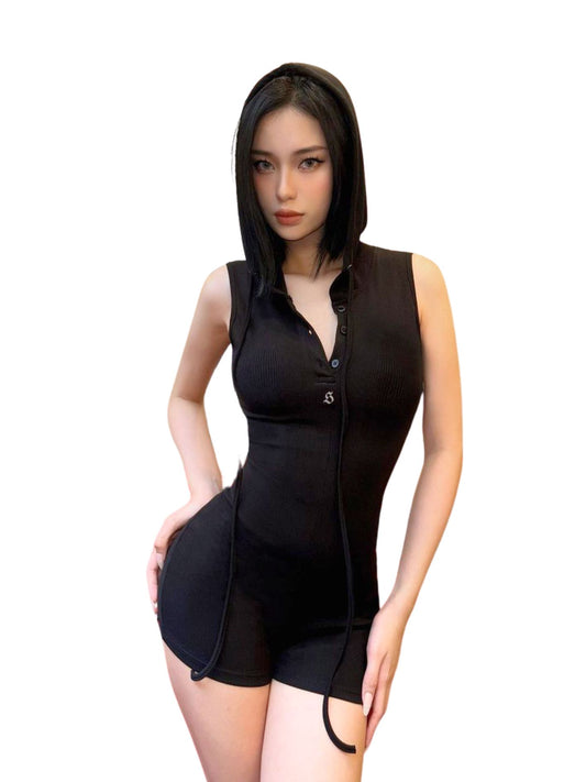 Woman wearing a black sleeveless dress on a white background