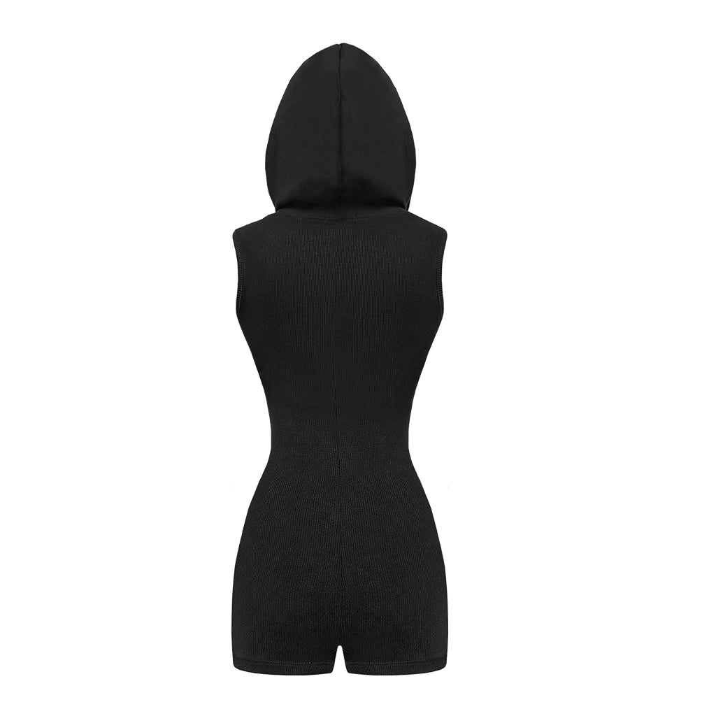 Black sleeveless hooded romper on a white background