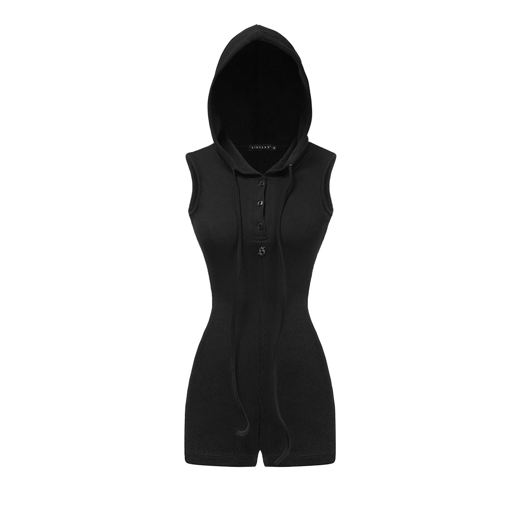 Black sleeveless hoodie with buttons on a white background