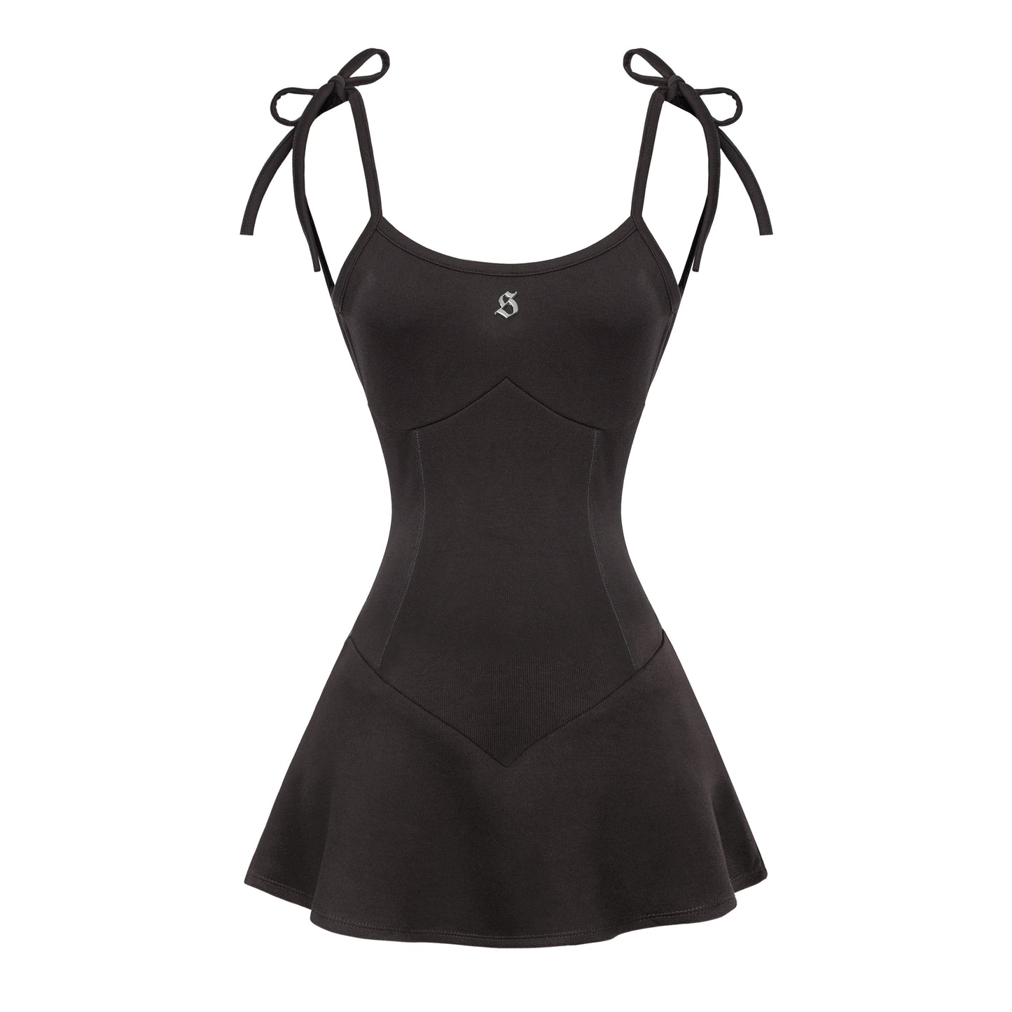 Black dress with tied straps on a white background