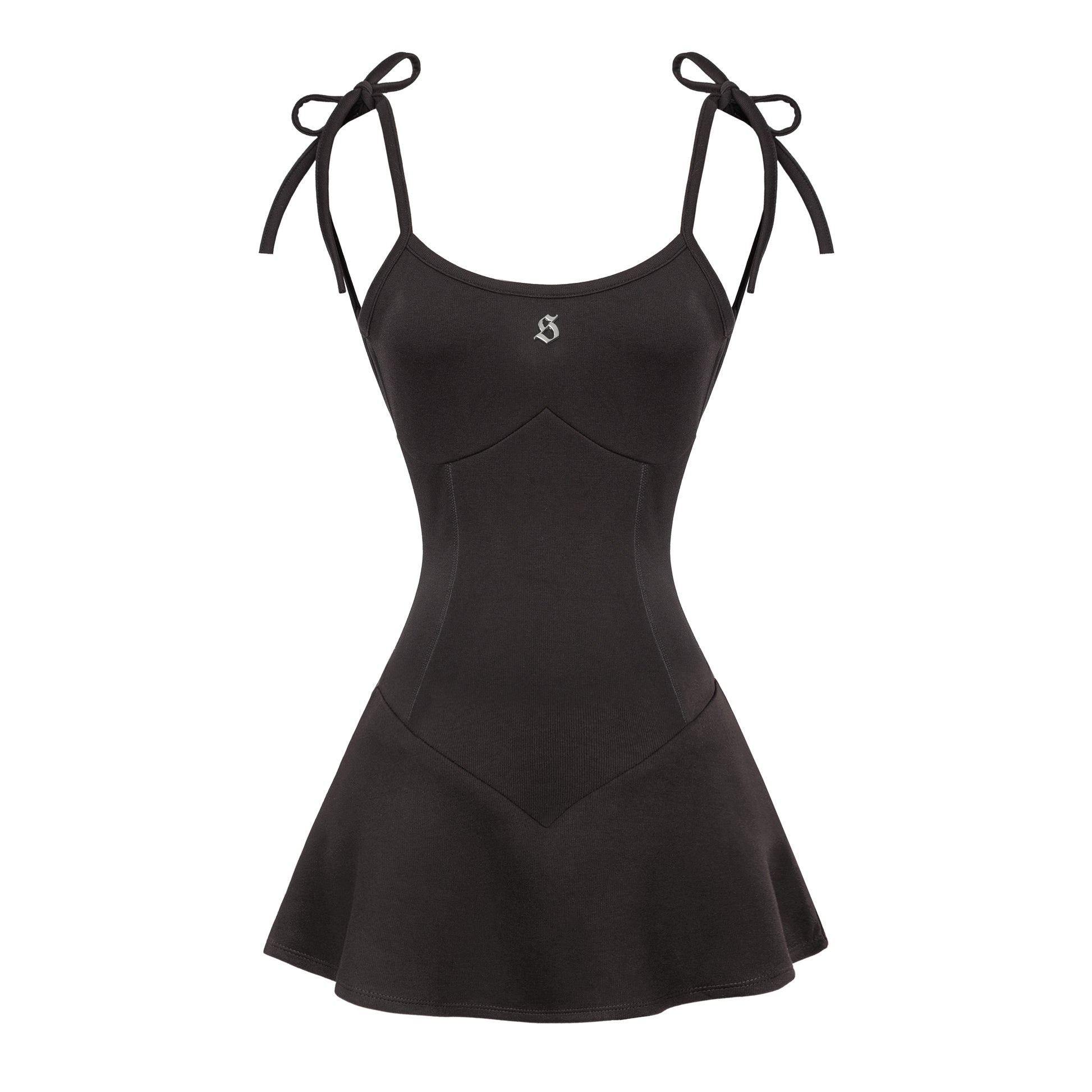 Black dress with tied straps on a white background