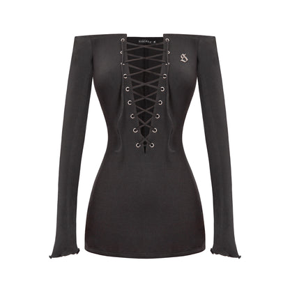 Black long-sleeve top with lace-up front on a white background