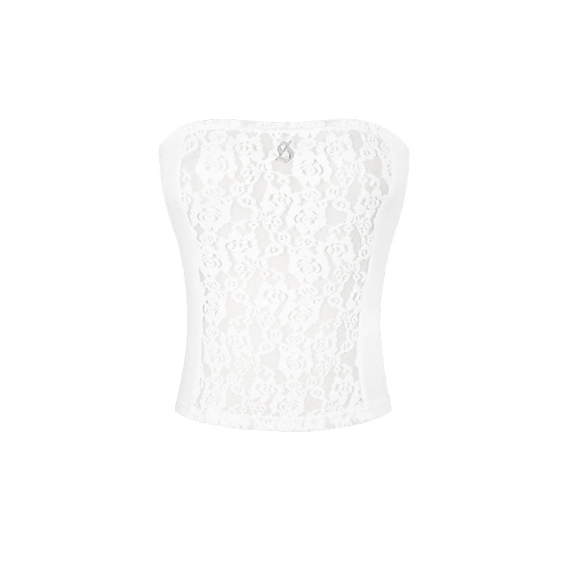 White lace bandeau top on a white background
