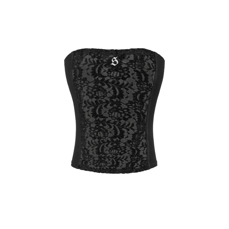 Black lace strapless top on a white background
