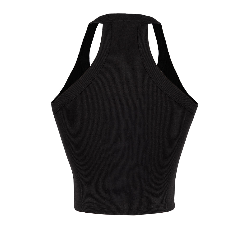 Black crop top with thin straps on a white background