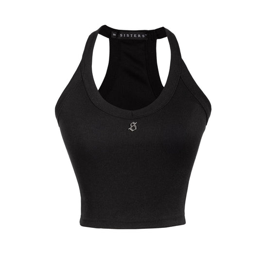Black sports bra with 'SISTERS' branding on a white background
