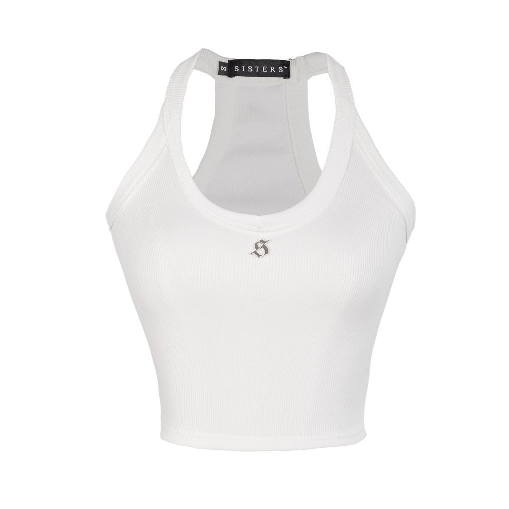 White sports bra with 'SISTERS' branding on a white background