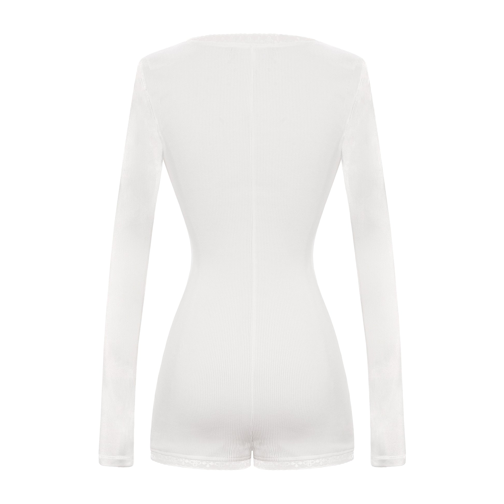 White bodysuit with long sleeves on a white background