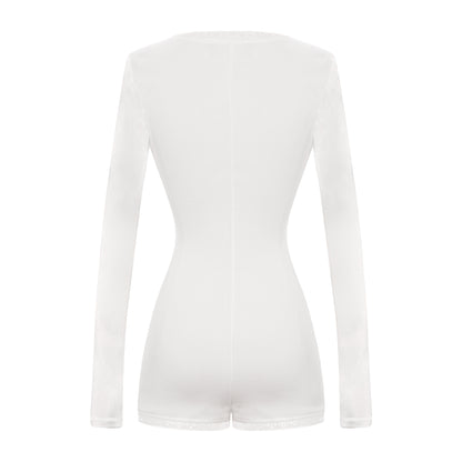 White bodysuit with long sleeves on a white background