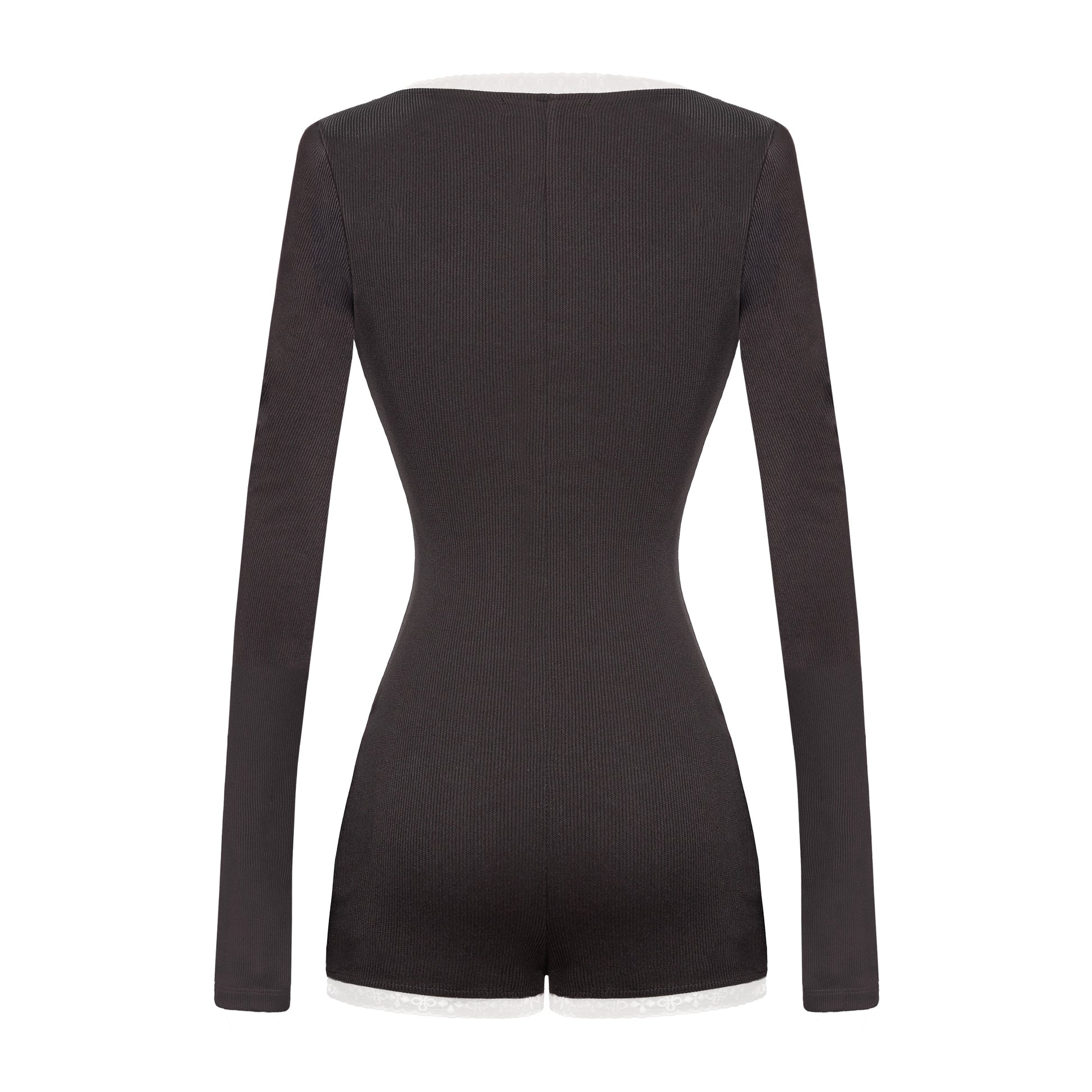 Black bodysuit with long sleeves on a white background