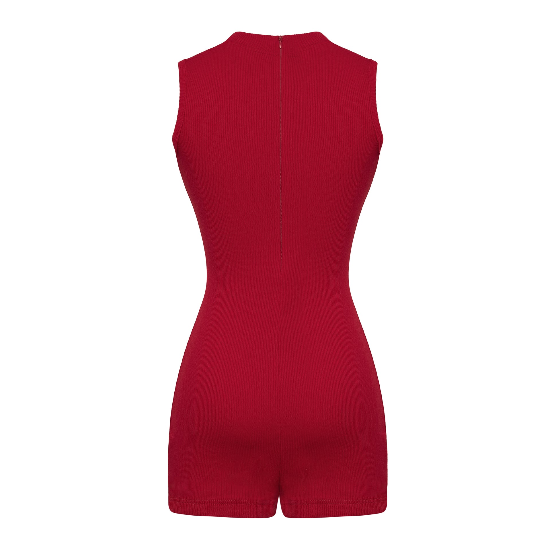 Red sleeveless romper on a white background