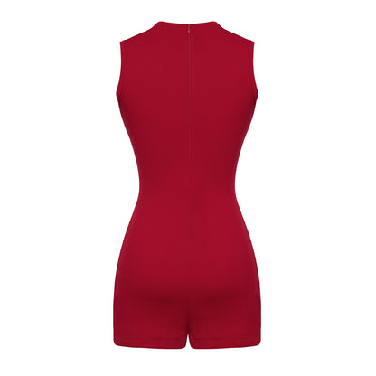 Red sleeveless romper on a white background