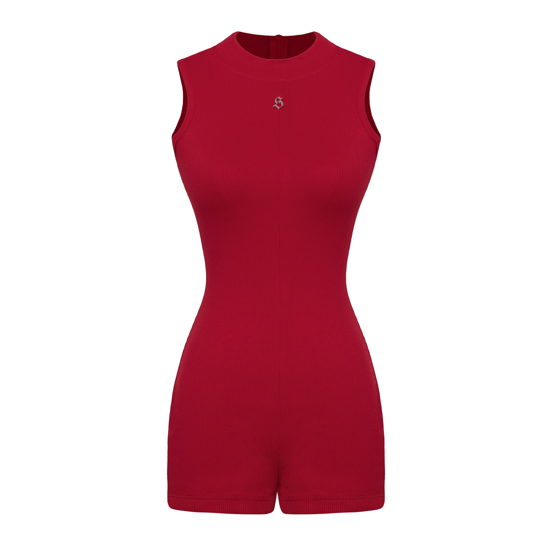 Red sleeveless romper on a white background