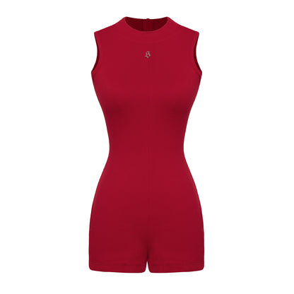 Red sleeveless romper on a white background