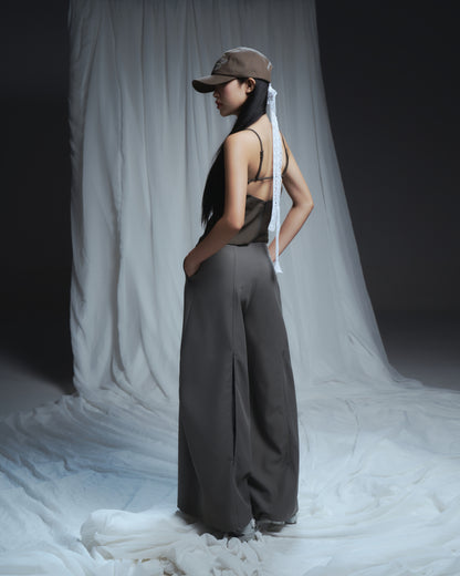 Side view of straight-leg grey pants – soft tailored silhouette