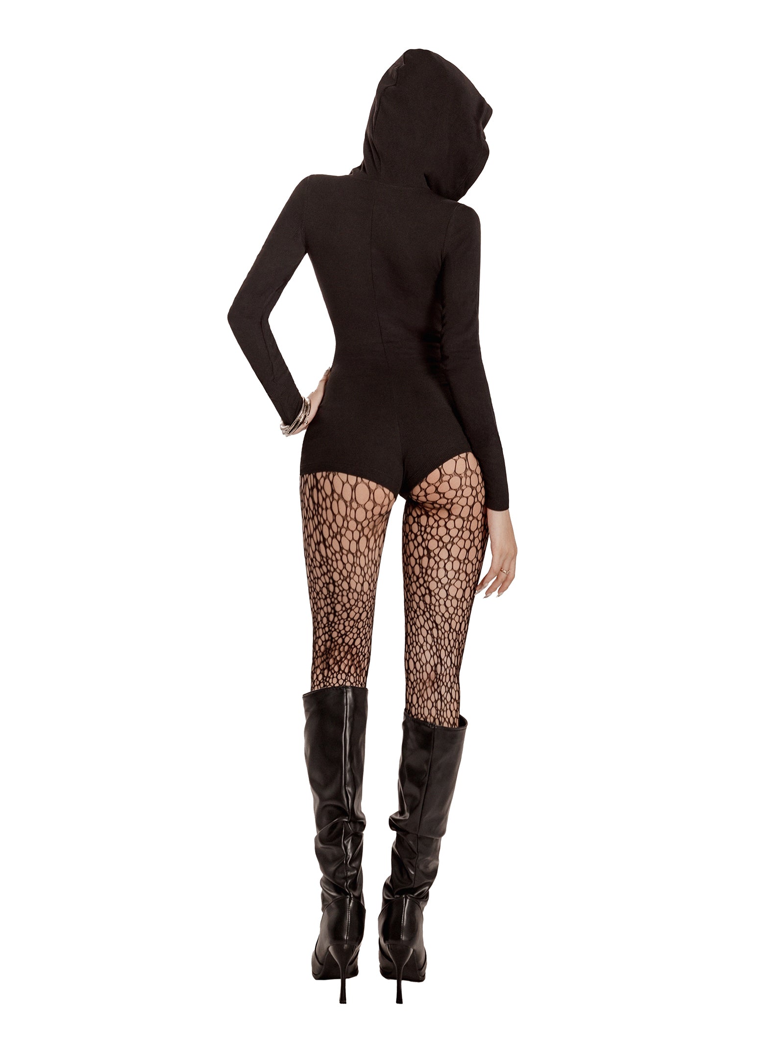 Person wearing a black hooded outfit with fishnet stockings and high boots on a white background