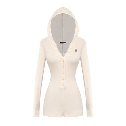 Beige cardigan with a hood on a white background