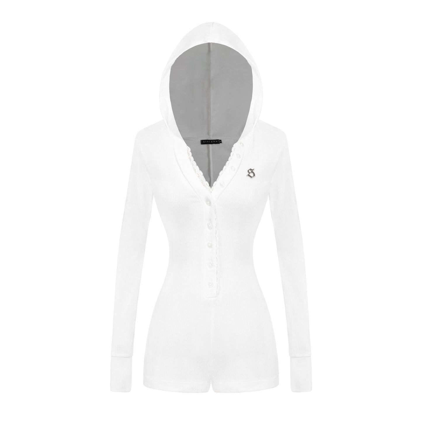 White hoodie with a small logo on a white background
