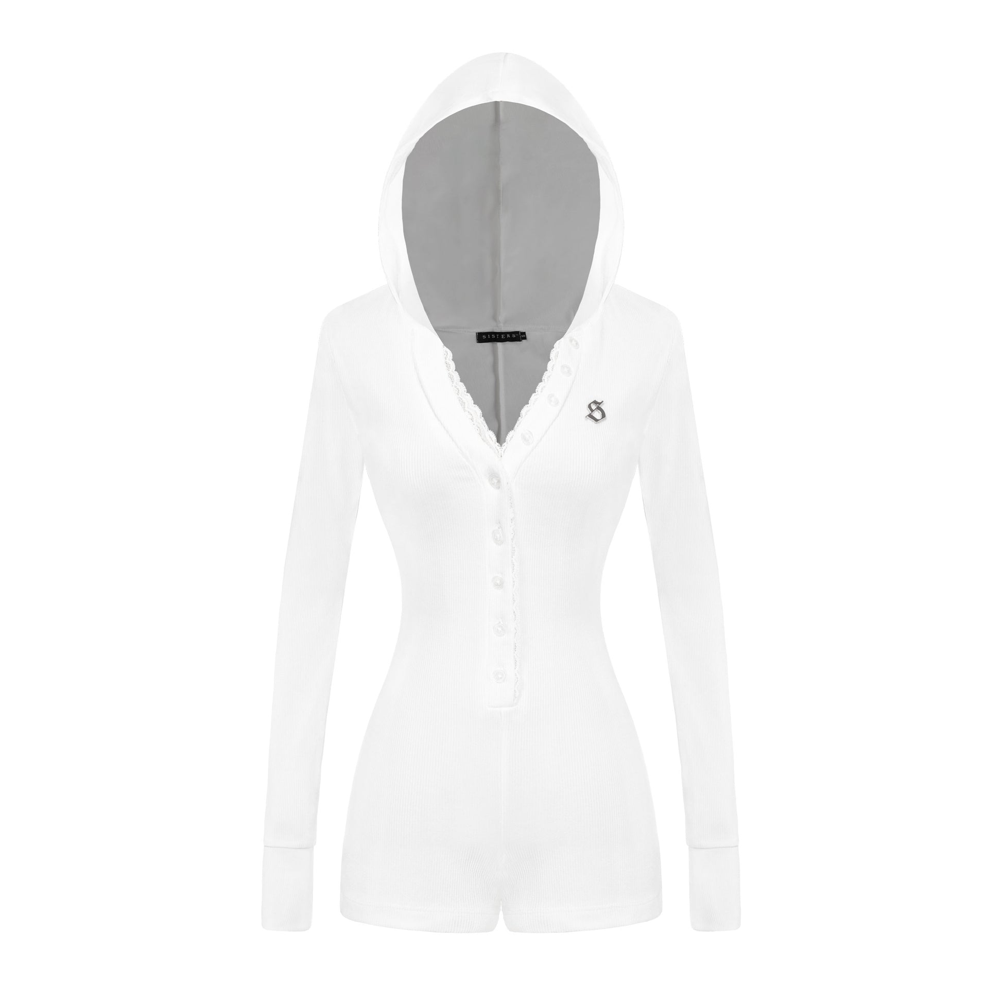 White hoodie with a small logo on a white background