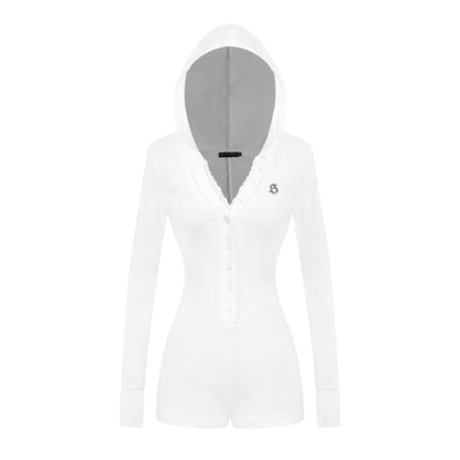 White hoodie with a small logo on a white background