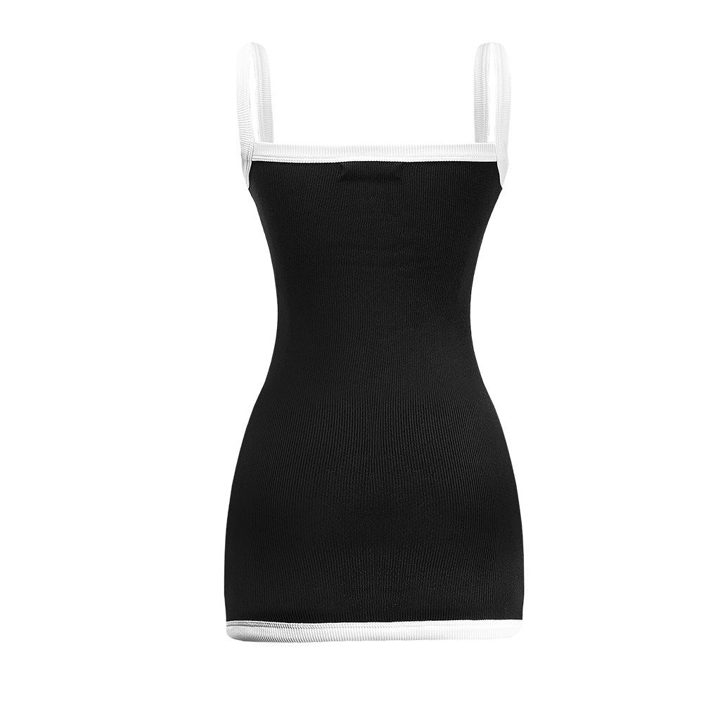 Black dress with white straps on a white background