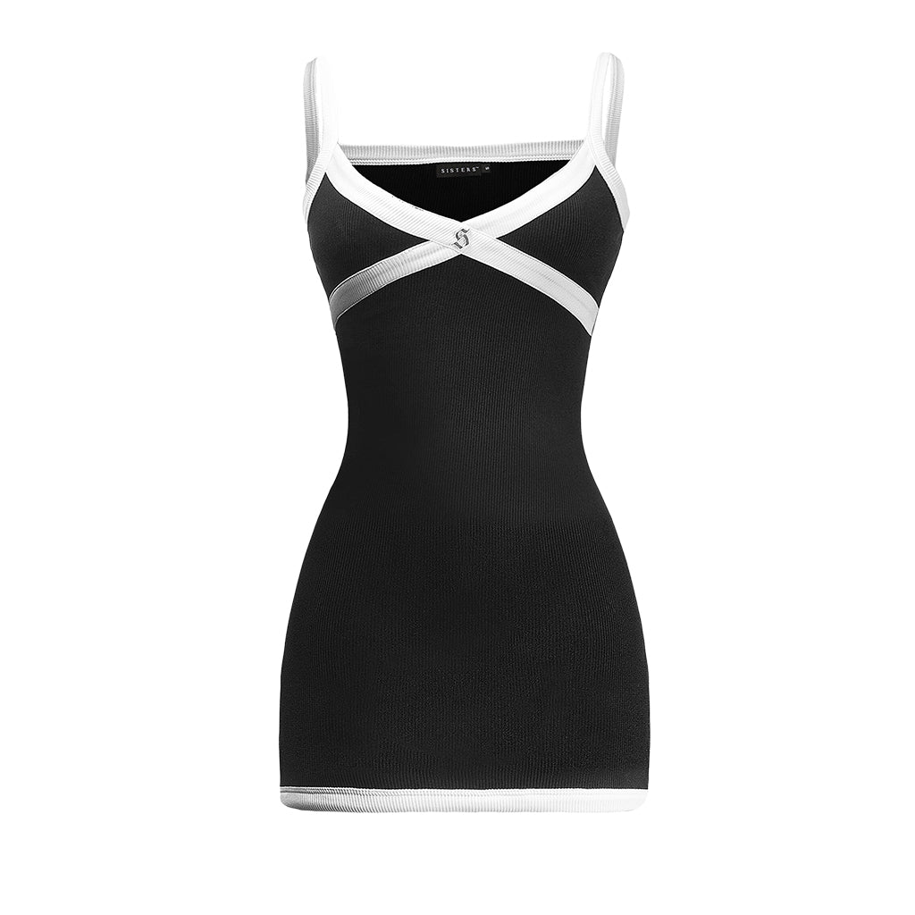 Black dress with white straps on a white background