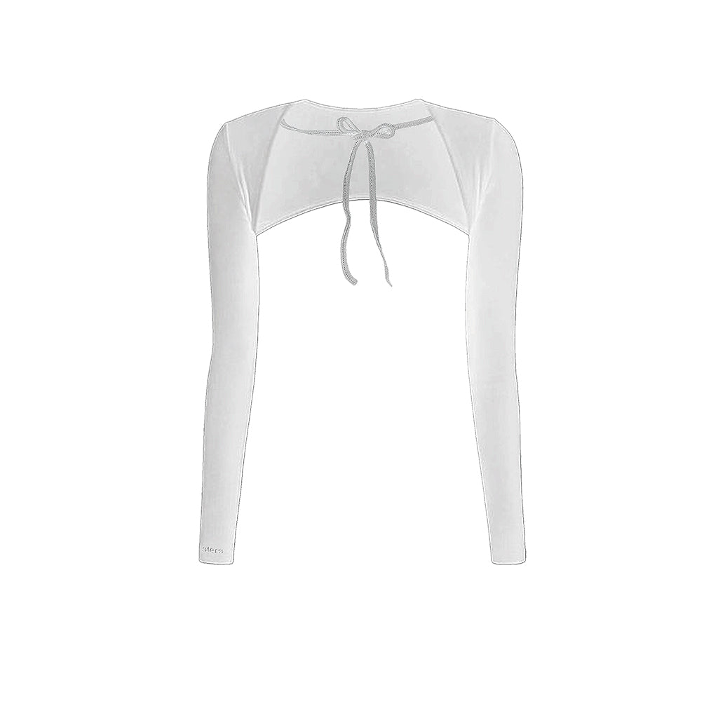 White long-sleeve crop top with a tie detail on a white background