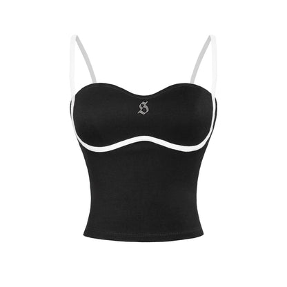 Black strap top with white accents on a white background