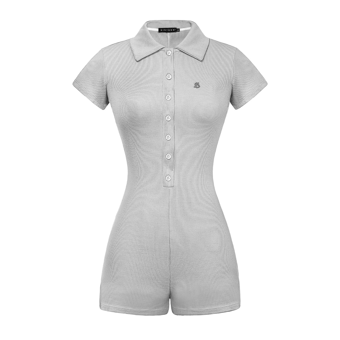 Gray checkered romper with collar on a white background