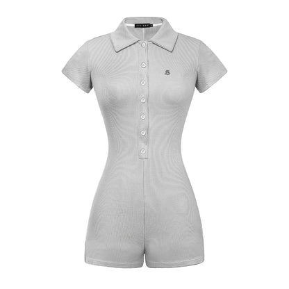 Gray checkered romper with collar on a white background