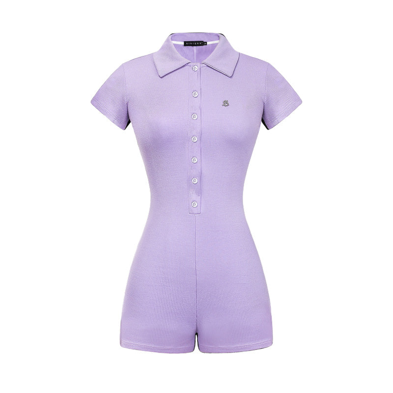 Purple romper with collar on a white background