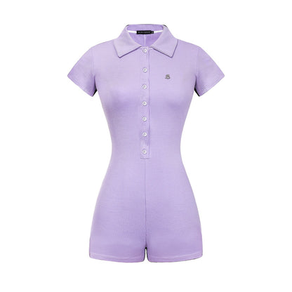 Purple romper with collar on a white background