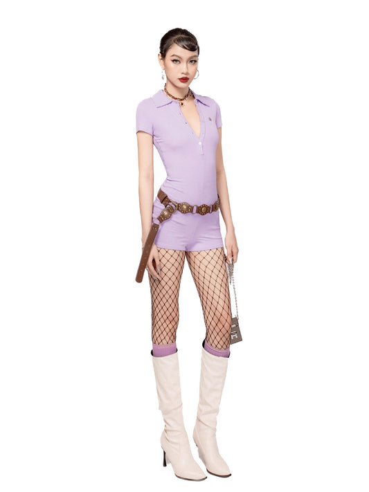 Woman wearing a lavender outfit with fishnet stockings and high boots on a white background
