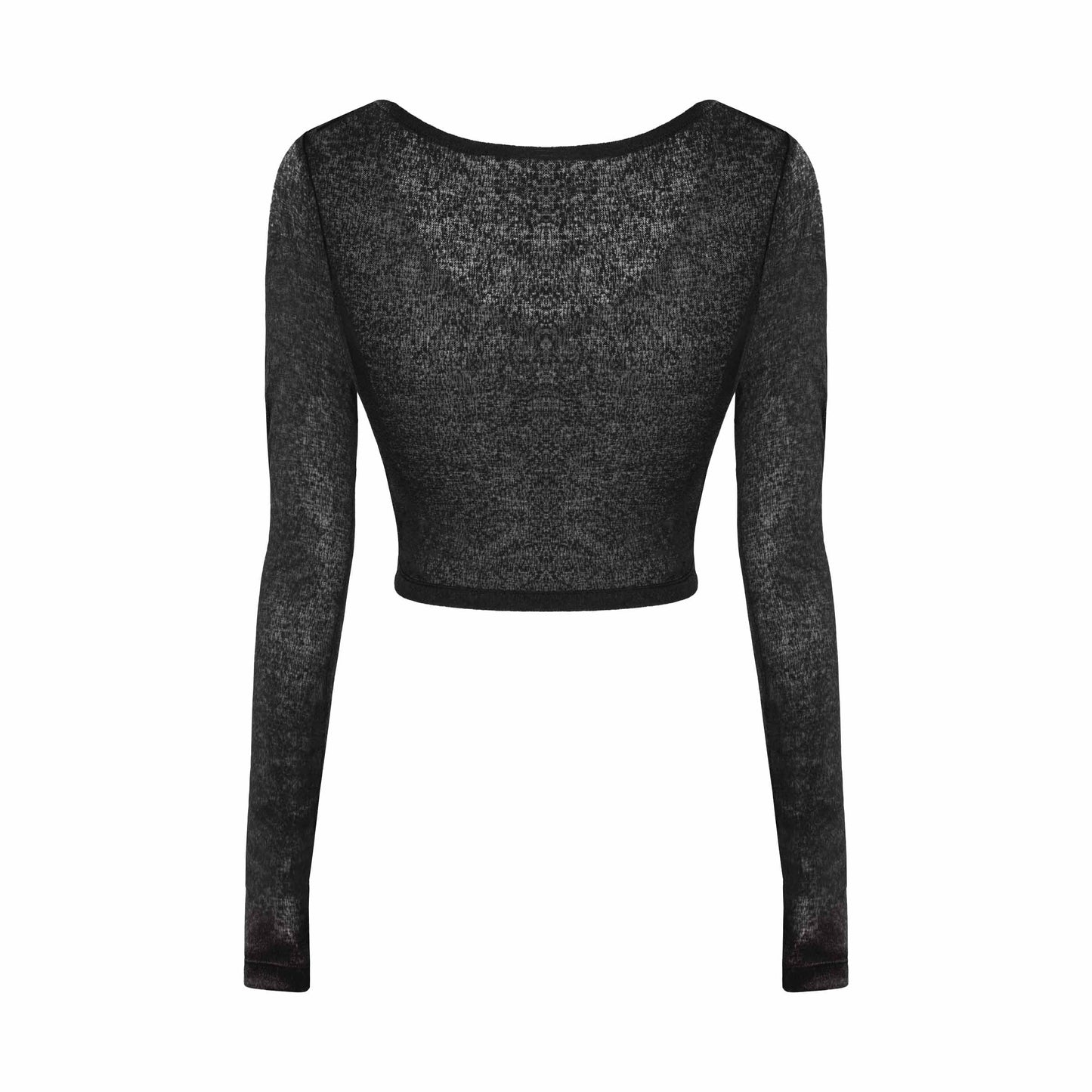 Black long-sleeve crop top on a white background