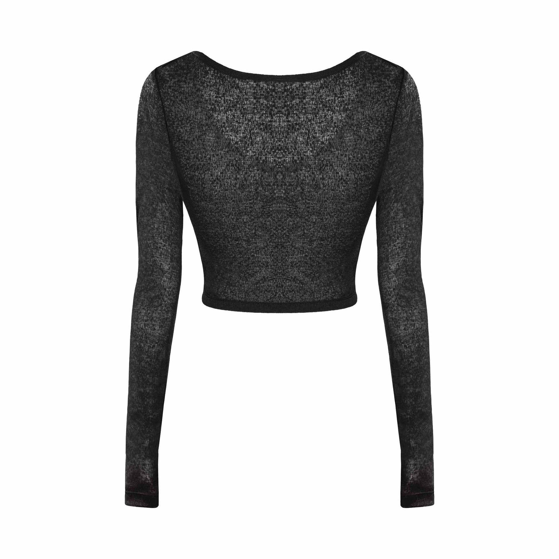 Black long-sleeve crop top on a white background