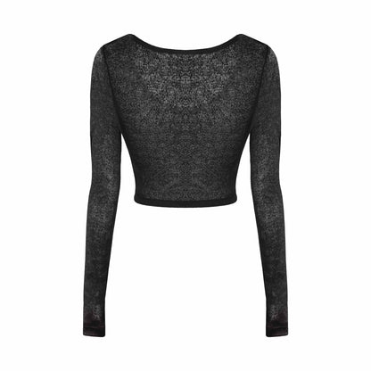 Black long-sleeve crop top on a white background