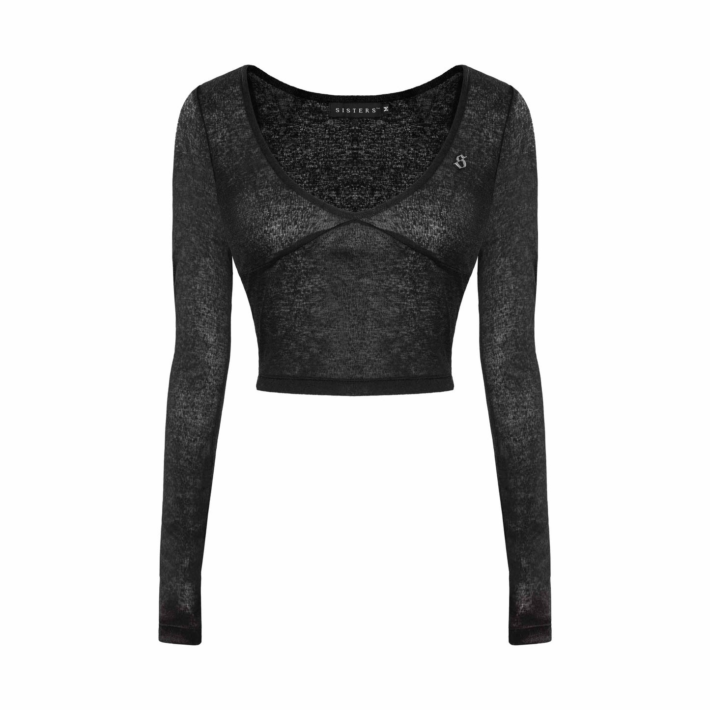 Black long-sleeve crop top with criss-cross detail on a white background
