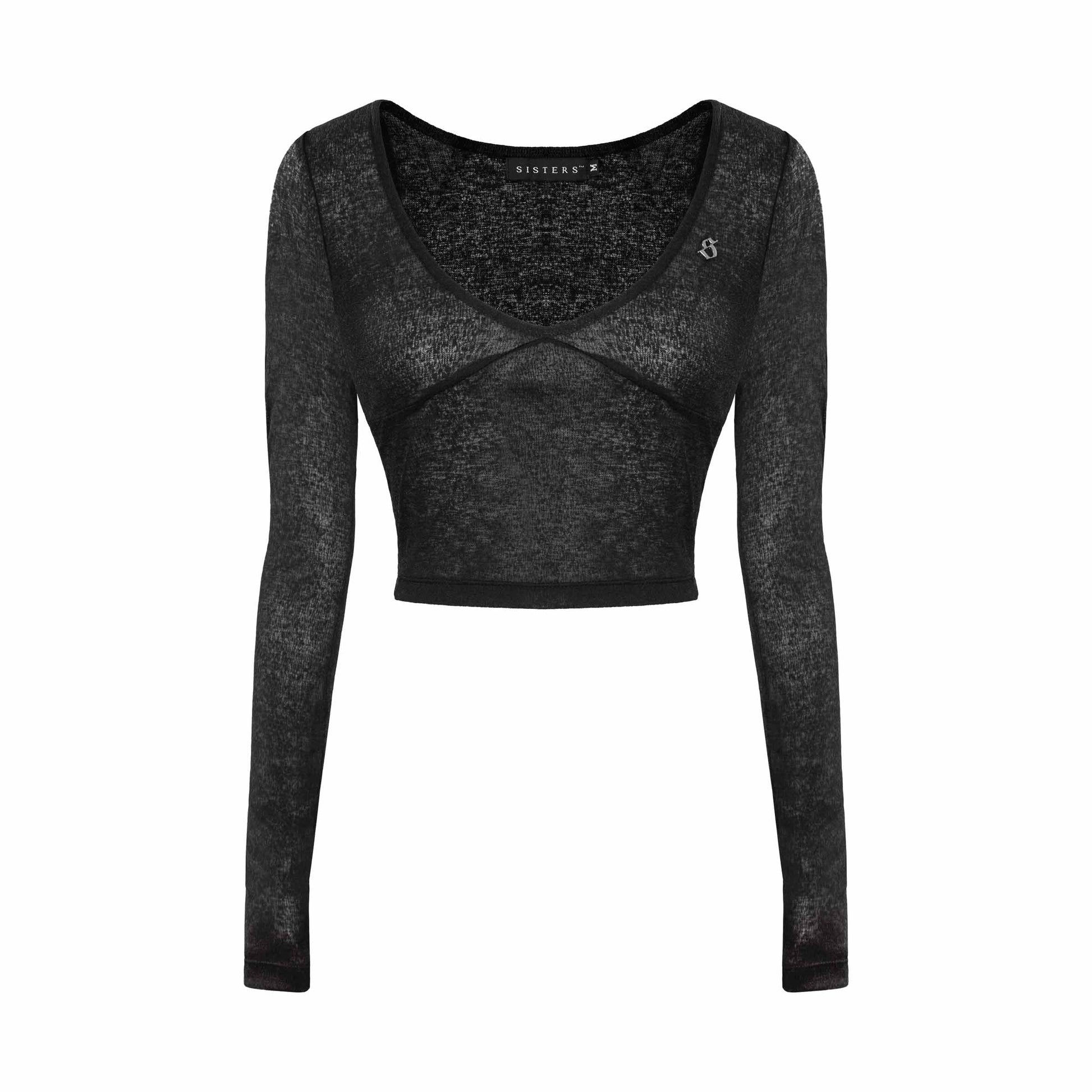 Black long-sleeve crop top with criss-cross detail on a white background
