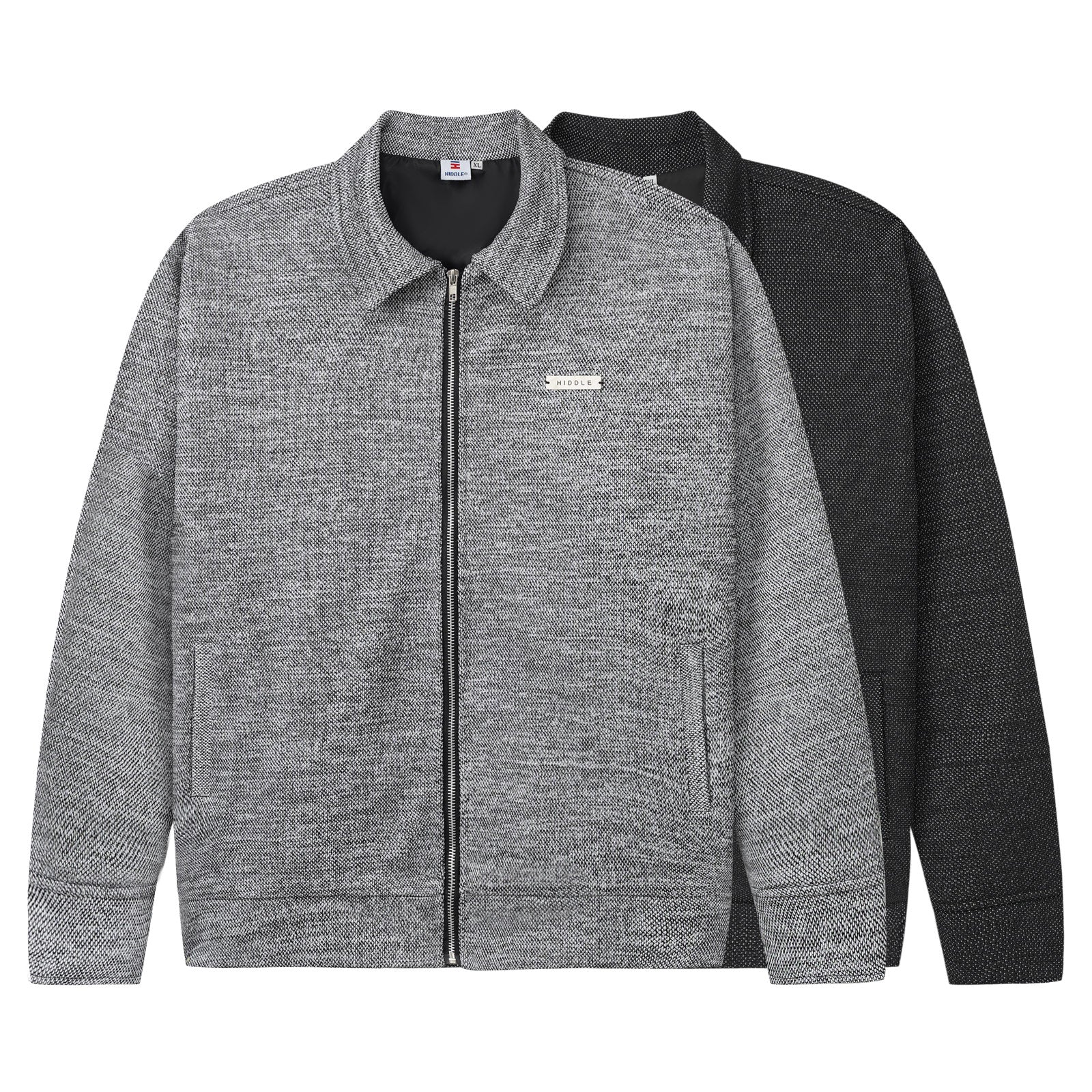 Gray and black zip-up jackets on a white background