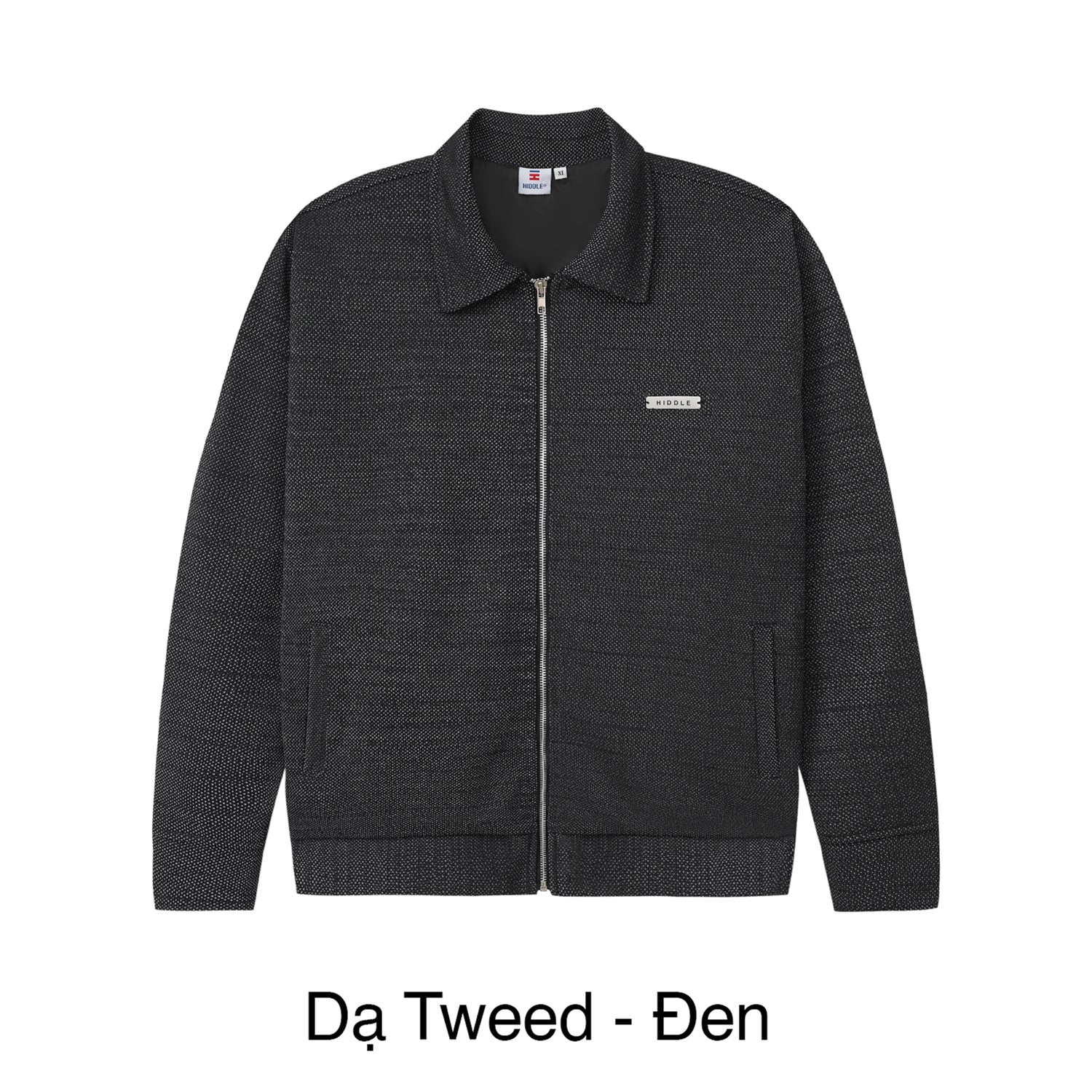 Dark gray textured jacket with a zipper on a white background