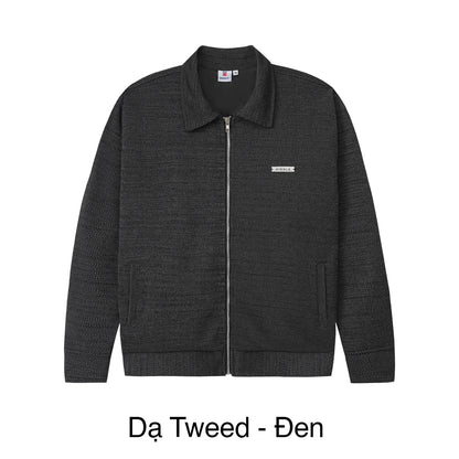 Dark gray textured jacket with a zipper on a white background