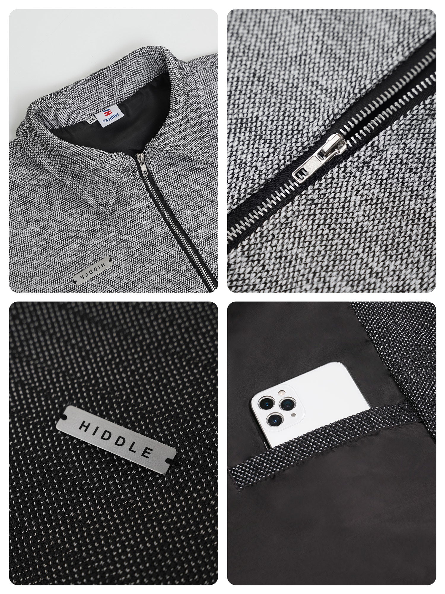 Collage of a gray jacket with close-up details including a zipper, brand label, and pocket.
