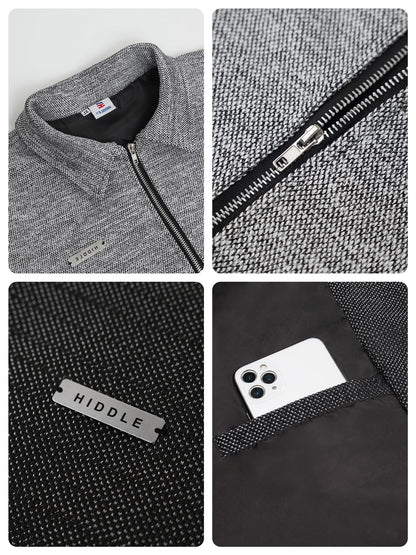 Collage of a gray jacket with close-up details including a zipper, brand label, and pocket.