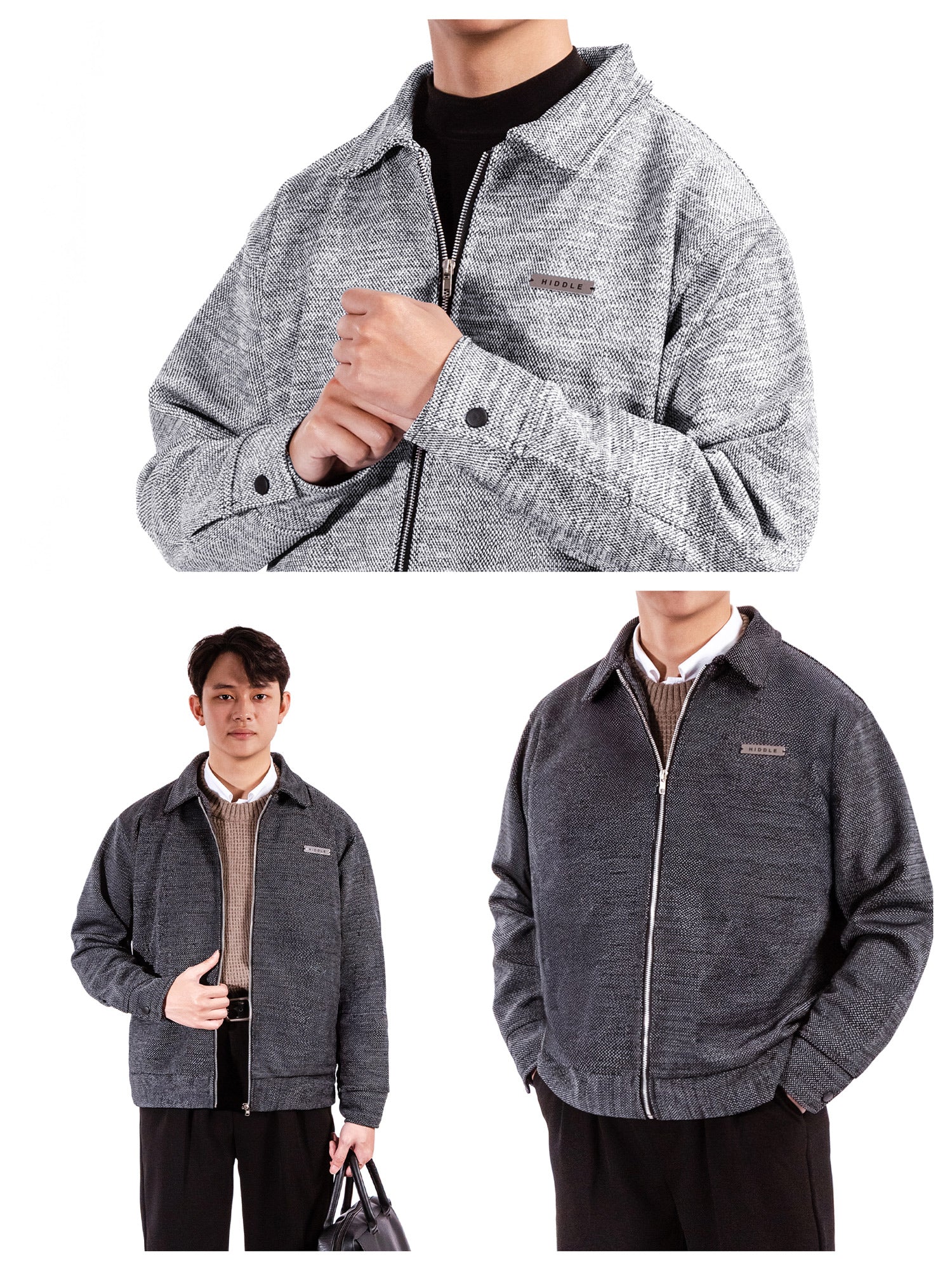 Gray jacket worn by a person on a white background