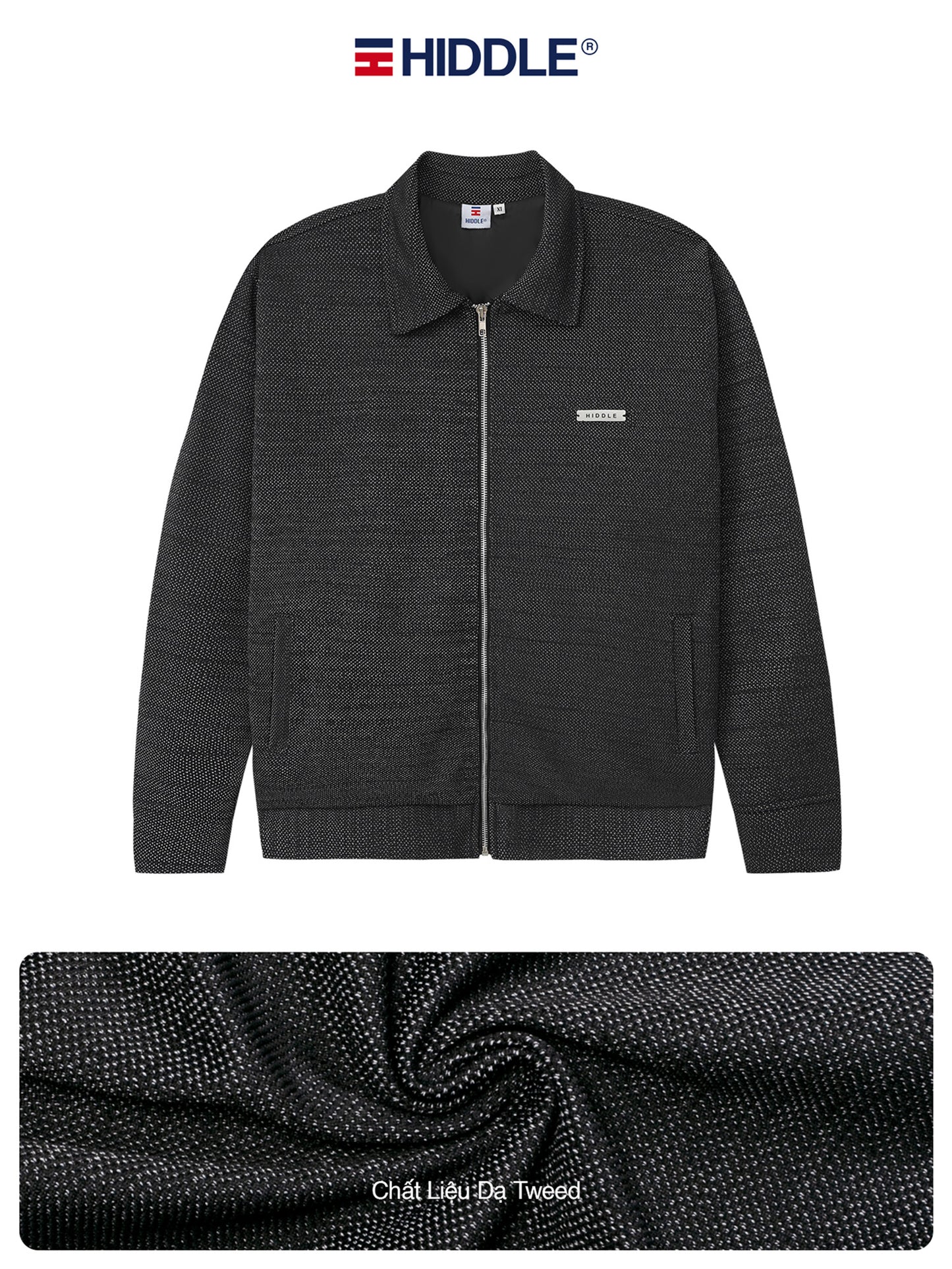 Black zip-up sweater with Hiddle branding on a white background