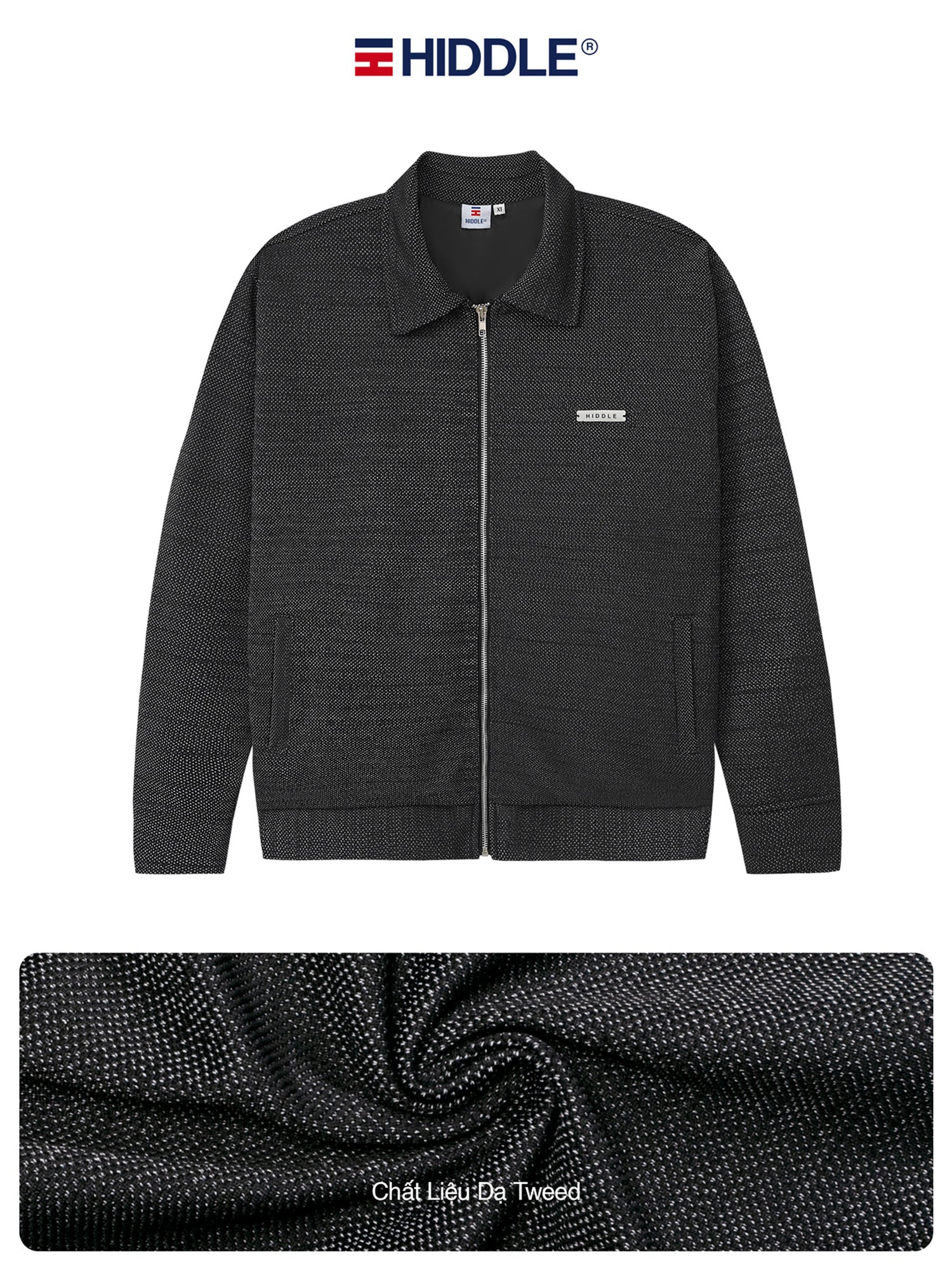 Black zip-up sweater with Hiddle branding on a white background