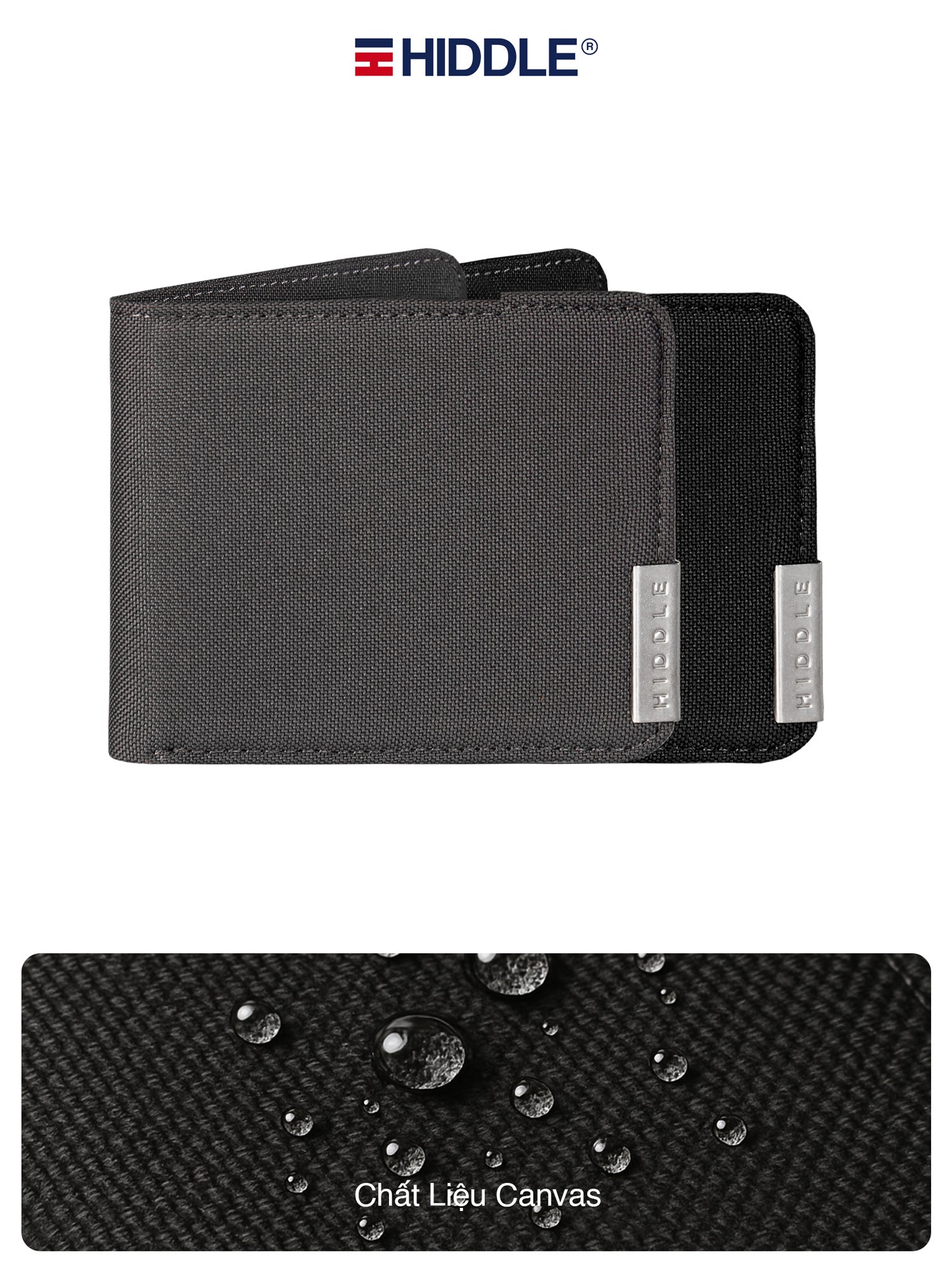 Black wallet with water droplet texture on a white background, featuring the Hiddle brand.